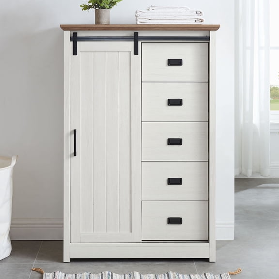 CQXDXA 5 Drawers Dresser with Sliding Barn Door Farmhouse Modern Tall Storage Organizer