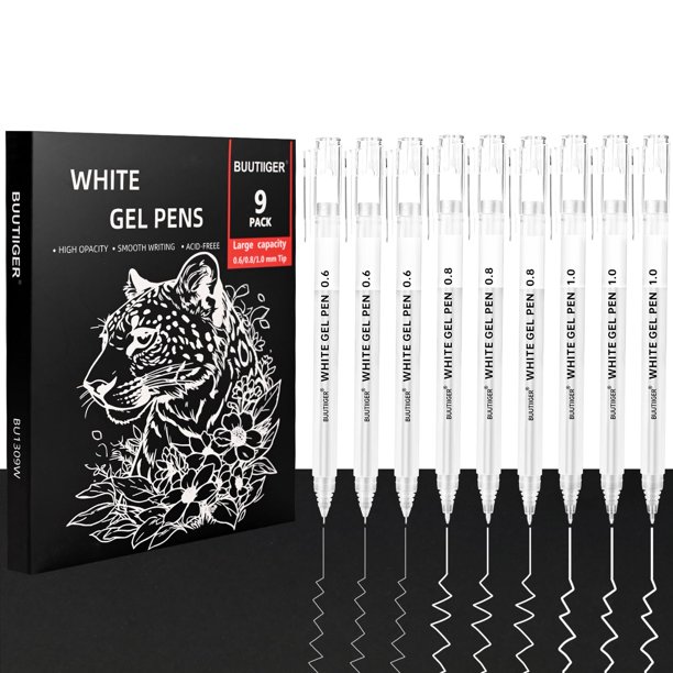 Bolígrafos de gel BUUTIIGER blancos con puntas de 0,6 mm, 0,8 mm y 1 mm, paquete de 9