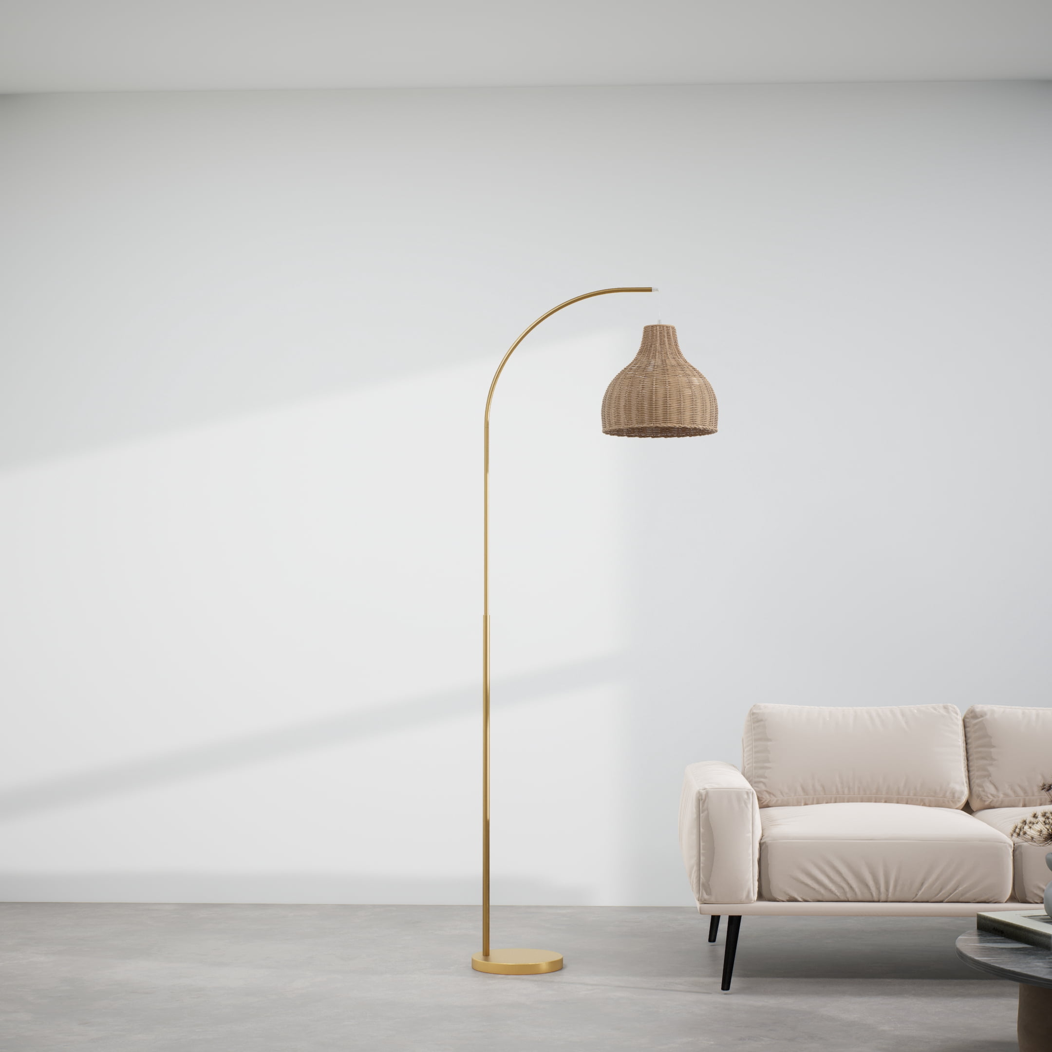 Ozarke Arc Floor Lamp - Brass Rattan Metal Standing Adjustable Tall Lamp for Living Room, Bedroom Modern Design