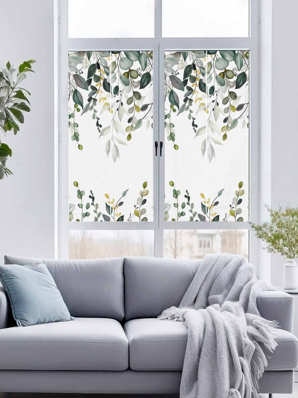 Removable Glass Window Covering, Gray Green Eucalyptus Leaves Window Privacy Film Frosted, Farmhouse Botanical Watercolor Decorative Privacy Windows Film for Bedroom, Living Room, 19.6 x 39.3 Inches