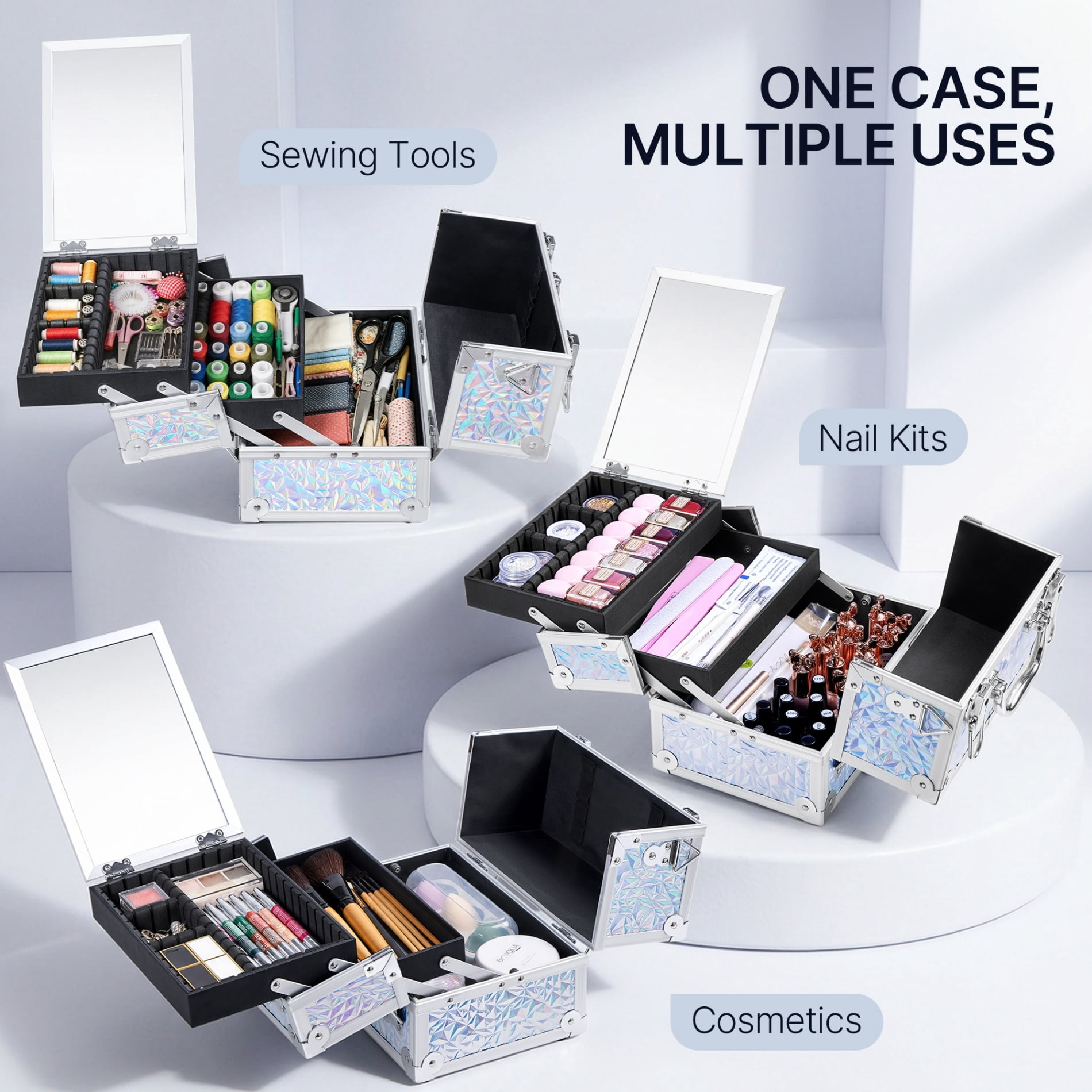 Alden Design Lockable Makeup Train Case with Mirror and 2 Trays, Silver