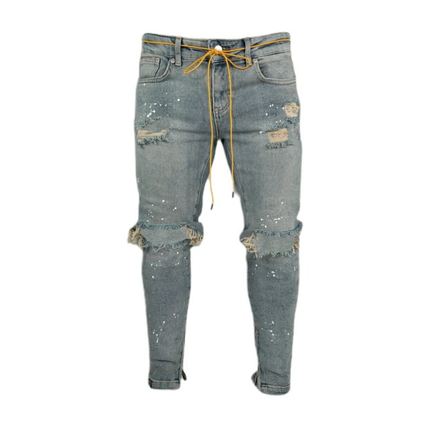erklære kondensator Lingvistik Men's Slim Fit Stretch Destroyed Ripped Skinny Jeans Pants Side Striped  Ankle Zipper White Paint Dot Denim Pants - Walmart.com