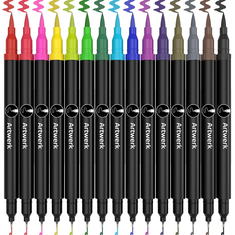 Nylea 15 Pack Artwerk Calligraphy Brush Marker type Pens, Dual Tip