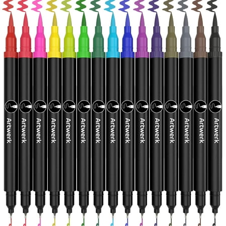 Artwerk 15 Pack Brush Calligraphy Art Pens - Bullet Journal Pen Dual Tip Pastel Colored Fine Point 0.4 Blending Markers for Beginners, Art Supplies, Adult Coloring Books