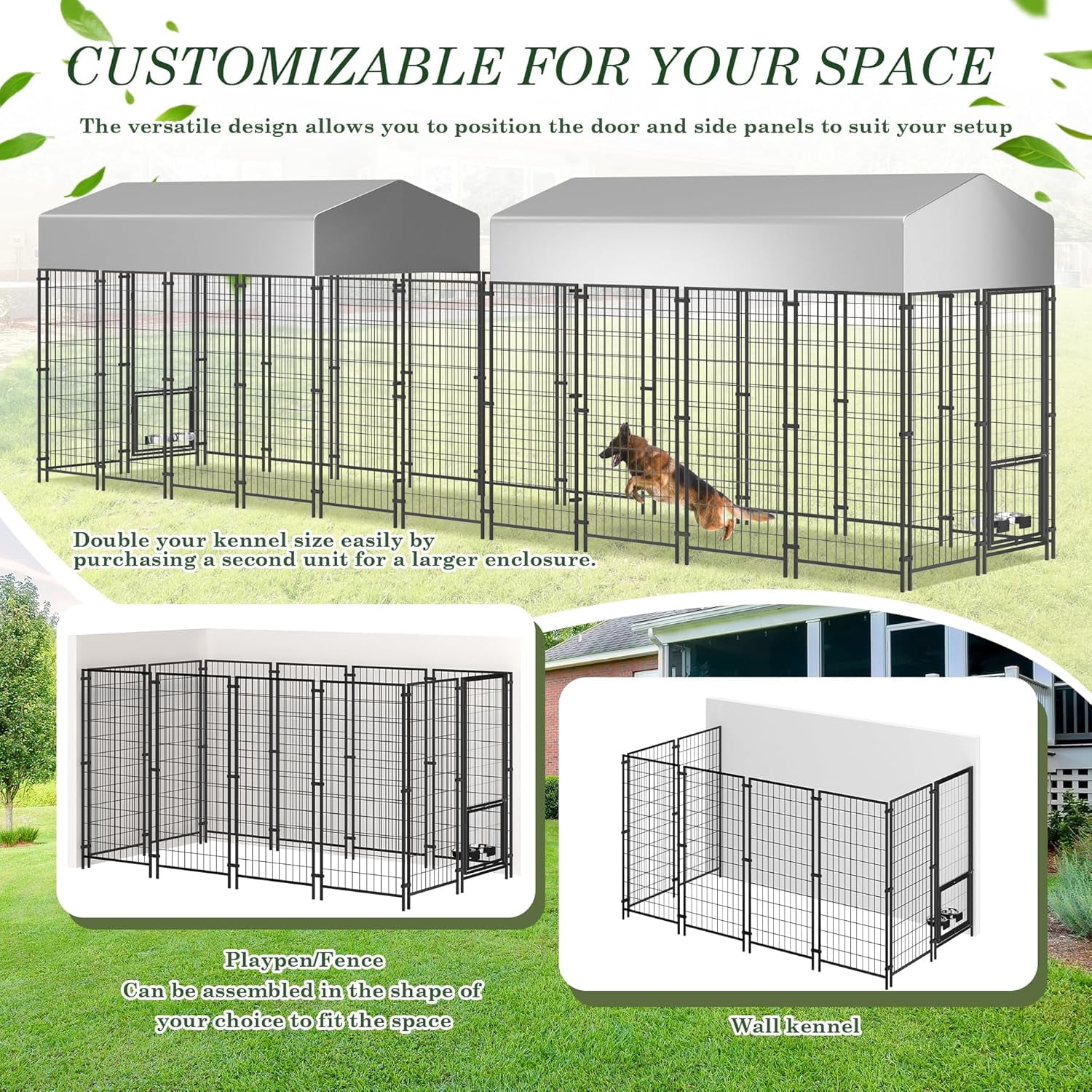 Haverchair 8x4x6 FT Outdoor Dog Kennel with Roof, Heavy Duty Dog Cage for Large Dogs, Outside Dog Enclosure with 2 Rotating Dog Bowls, Welded Wire Steel Dog Run Playpen Fence with Secure Lock