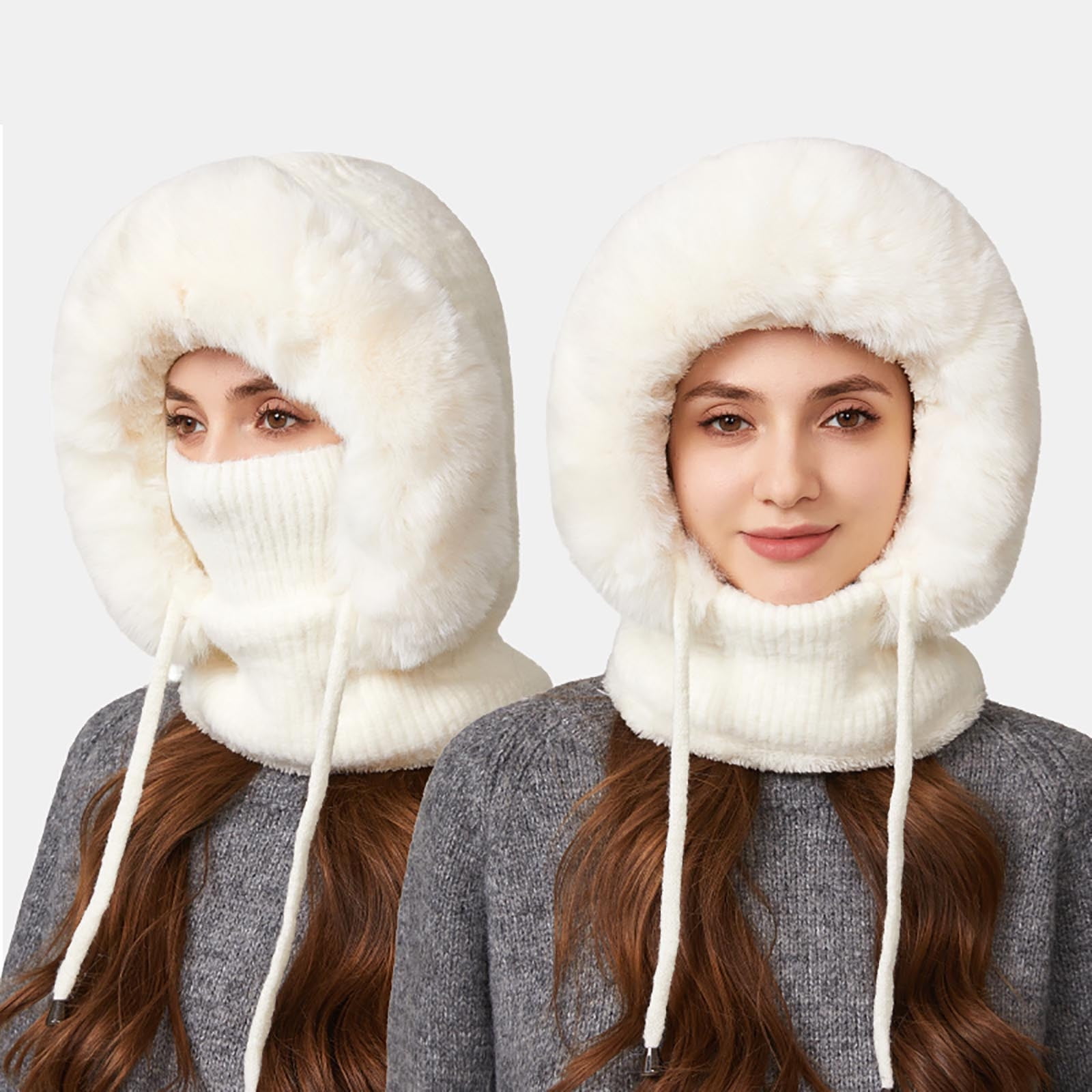 YZEGDCH White Women One Piece Slouchy Fleece Thicken Beanie Winter Hats Scarf Mask Drawstring Warm Hooded Winter Balaclava Pullover Knitted Winter Hat, Birthday Valentines Gift for Women