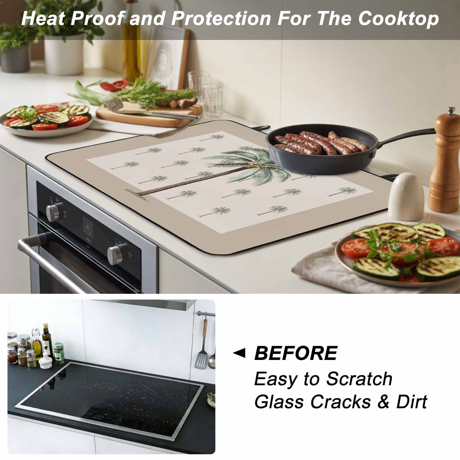 Palm Trees Stove Top Cover for Electric Stove, Heat-proof & Non Slip Glass Top Stove Cover Protector, Brown Tropical Plants Summer Green Kitchen Flat Cooktop Rubber Mat 24x21 Inches