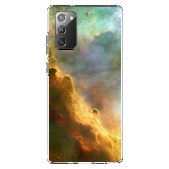 DistinctInk Clear Shockproof Hybrid Case for Samsung Galaxy Note 20 (6.7" Screen) - TPU Bumper, Acrylic Back, Tempered Glass Screen Protector - Blue Orange Red Omega Nebula - Astronomy