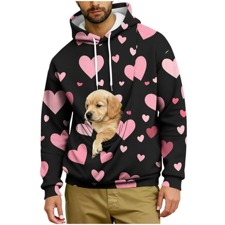 Ecqkame Mans Valentines Casual Hoodies Hearts Print Pet Pouch Big Pockets Long Sleeve Sweatshirts Loose Comfortable Hooded Tops Pink S