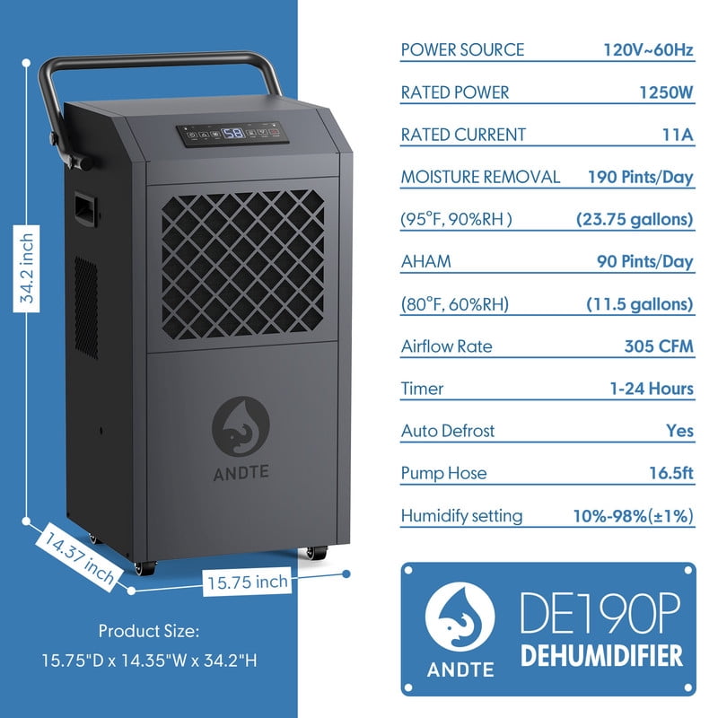 190 pt. 6500 sq.ft. Heavy Duty Bucketless Commercial Dehumidifier in Gray, with Pump