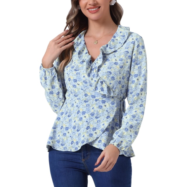 Blusa de mujer con volantes y escote en V, floral, con lazo autoadherente, peplum, talla XL, azul cielo