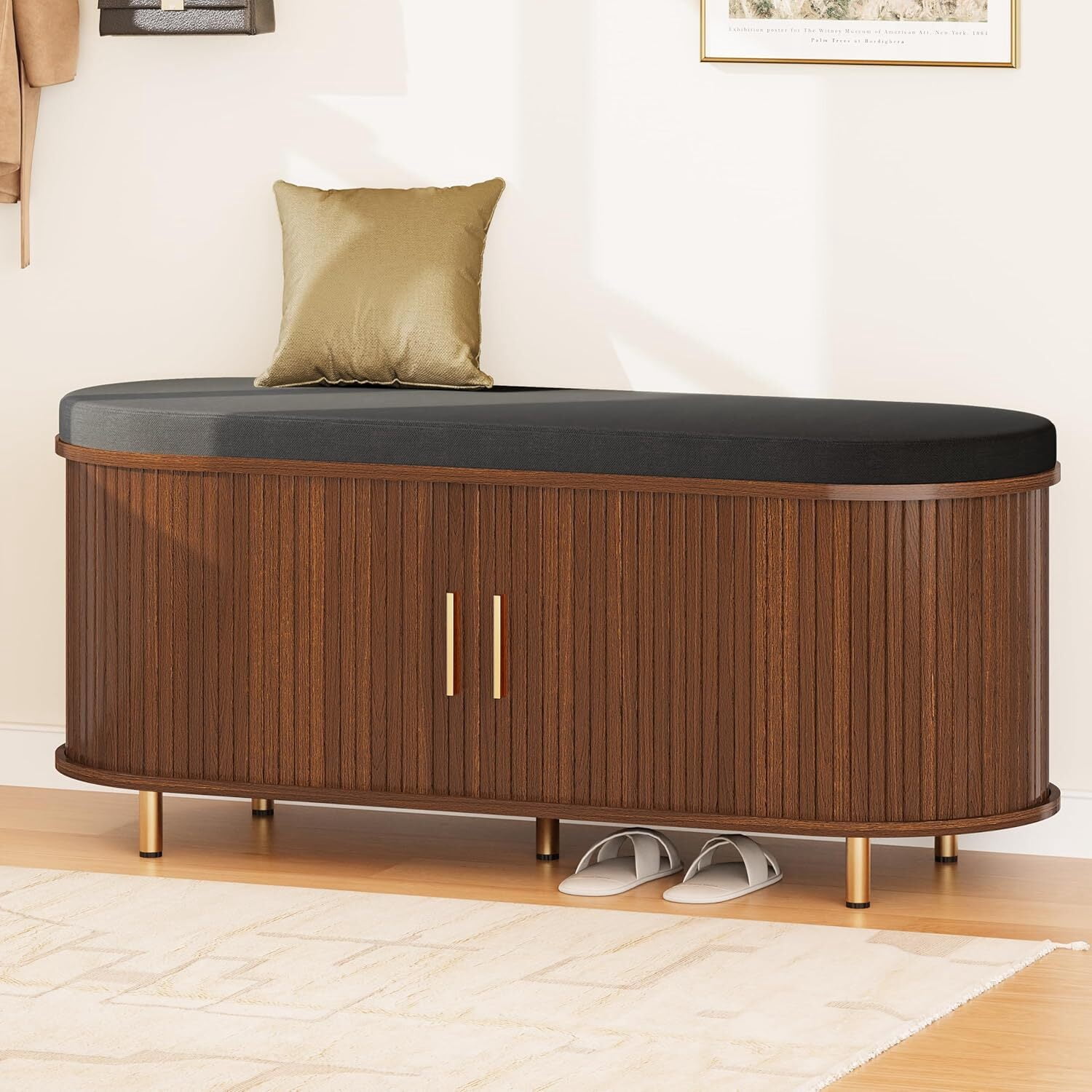 avobird 43.3" 2-Tier Storage Bench,Wide Shoe Bench with Thickened Padded Seat Cushion, Mid Century Modern Fluted Sliding Door and Adjustable Shelf, for Entryway,Bedroom walnut