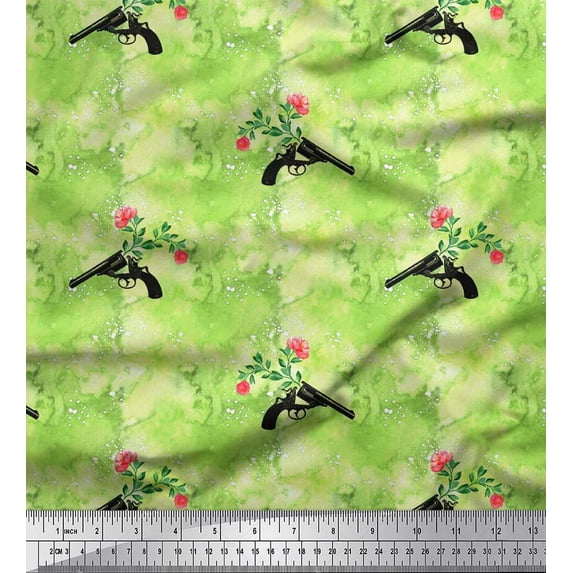 Soimoi Green Rayon Crepe Fabric Texture,Floral & Weapon Print Fabric by Yard 46 Inch Wide