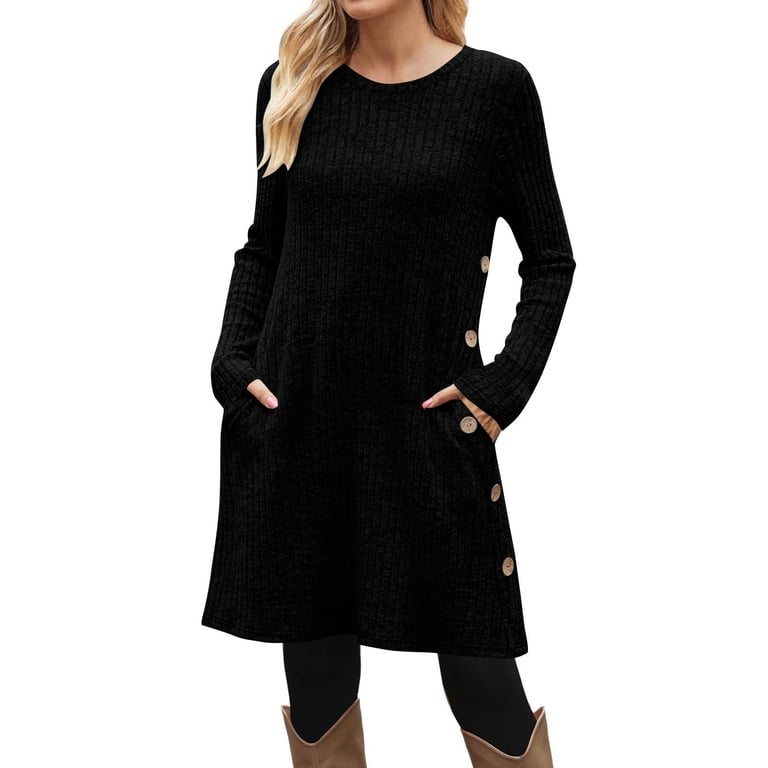 Efsteb Long Sleeve Dress for Women Crew Neck Fall Dresses Buttons Side Midi Sweater Dress Casual Fashion Winter Tunic Dress with Pockets (Black,XL),