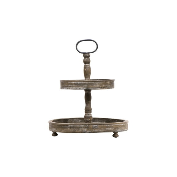 Creative Co-Op Distressed Brown Wood 2-Tier Tray with Metal Handle
