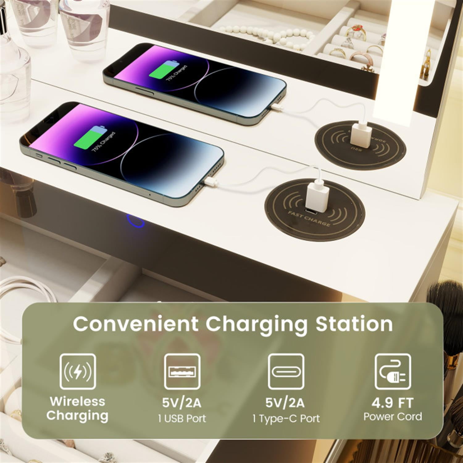 Demi Bonn Makeup Vanity Dressing Table and Stool Set with Mirror and 3-Color LED Lights, Vanity Desk for Bedroom Dressing Room, White