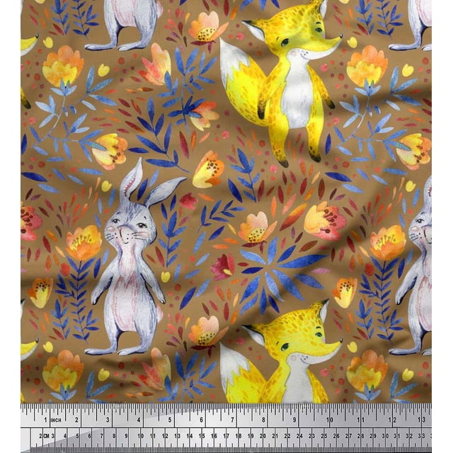 Soimoi Velvet Fabric Fox & Bunny Kids Print Fabric by Yard 58 Inch Wide