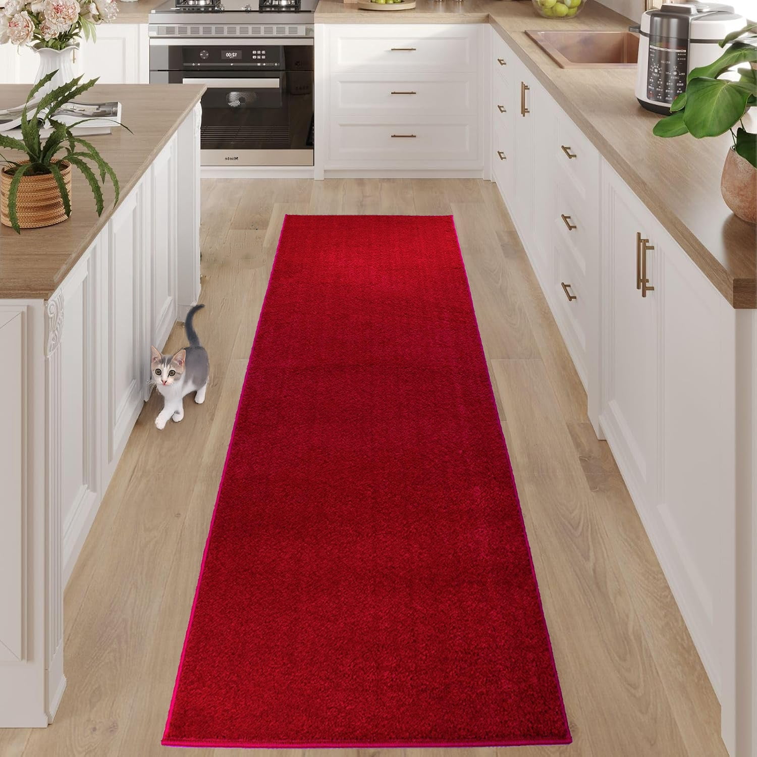 Washable Custom Size Runner Rug Solid Color Red, ( 12 Feet Length x 30 Inch Width) Slip Resistant Runner Rugs, Extra Long Runner Rugs for Hallways, Kitchen, Entryway, Bathroom