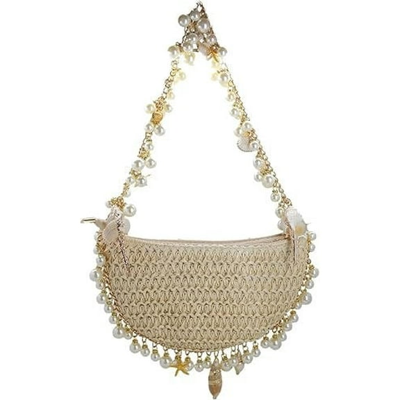 Women's Straw Clutch Purse Woven with Pearls, Summer Beach Wedding Party Evening Bag, Convertible Shoulder Handbag or Top Handle Purse