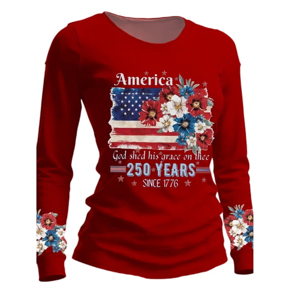 Women's Patriotic Long Sleeve T-Shirts 250th Anniversary American Flag Gradient Print Crewneck Slim Fit 4th of July Casual Tops , #01 Wine, L