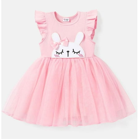 

PatPat Baby Girl Rabbit Embroidered Pink Flutter-sleeve Tulle Dress