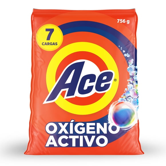 Detergente en Polvo Ace Limpieza Rápida, con Oxígeno Activo y Fácil Disolución, Lava Ropa Blanca y De Color, 7 Cargas (756 g)