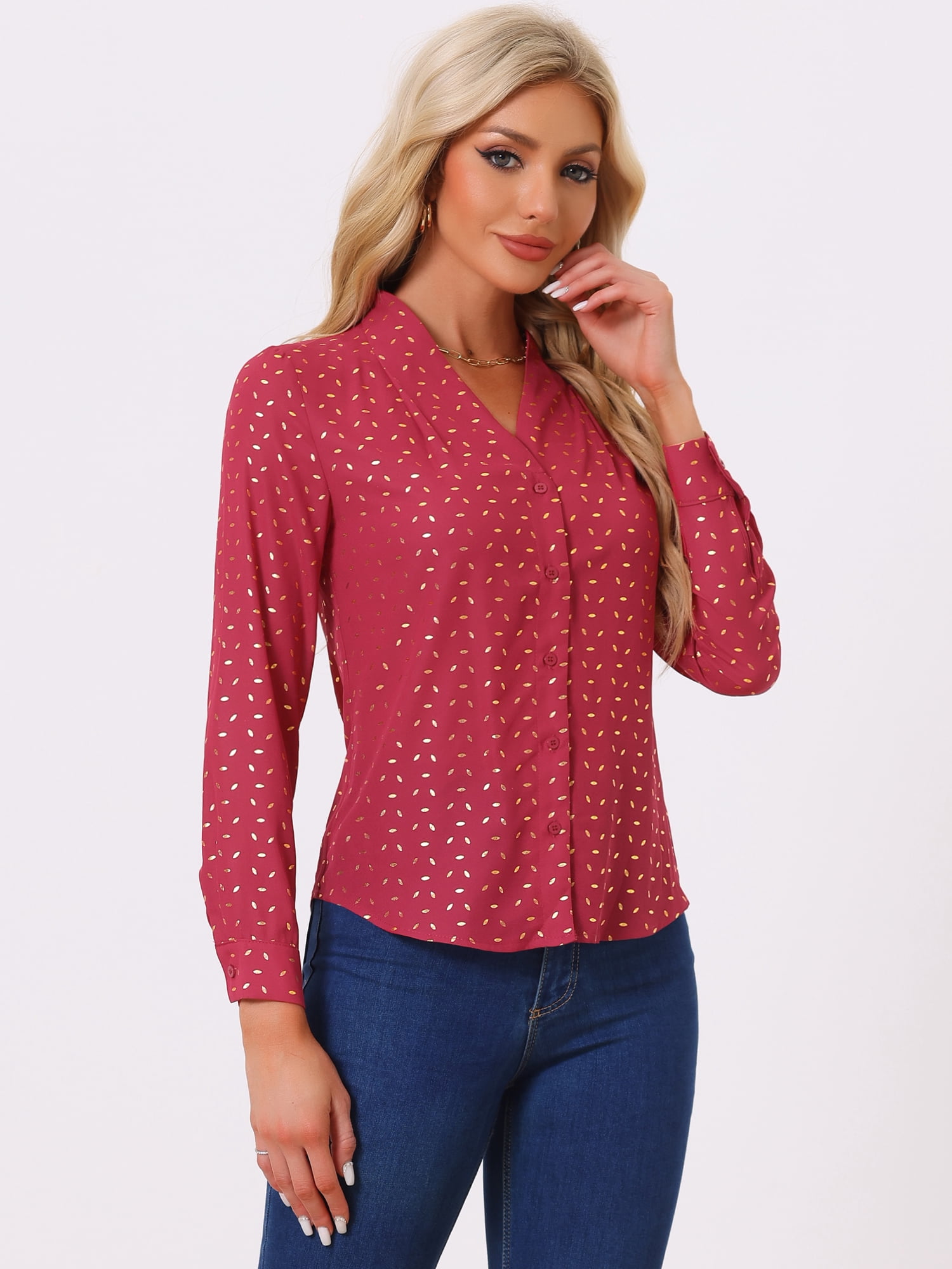 DARING DIVA Stand Collar Metallic Dots Stars Blouse Top S Red-Leaf