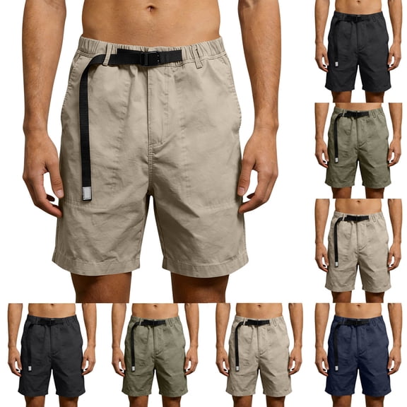 FRSASU Men's Work Cargo Shorts Lightweight Elastic Waist Belted Cargo Pockets Beach Casual Outdoor Work Wear Shorts for Men Khaki