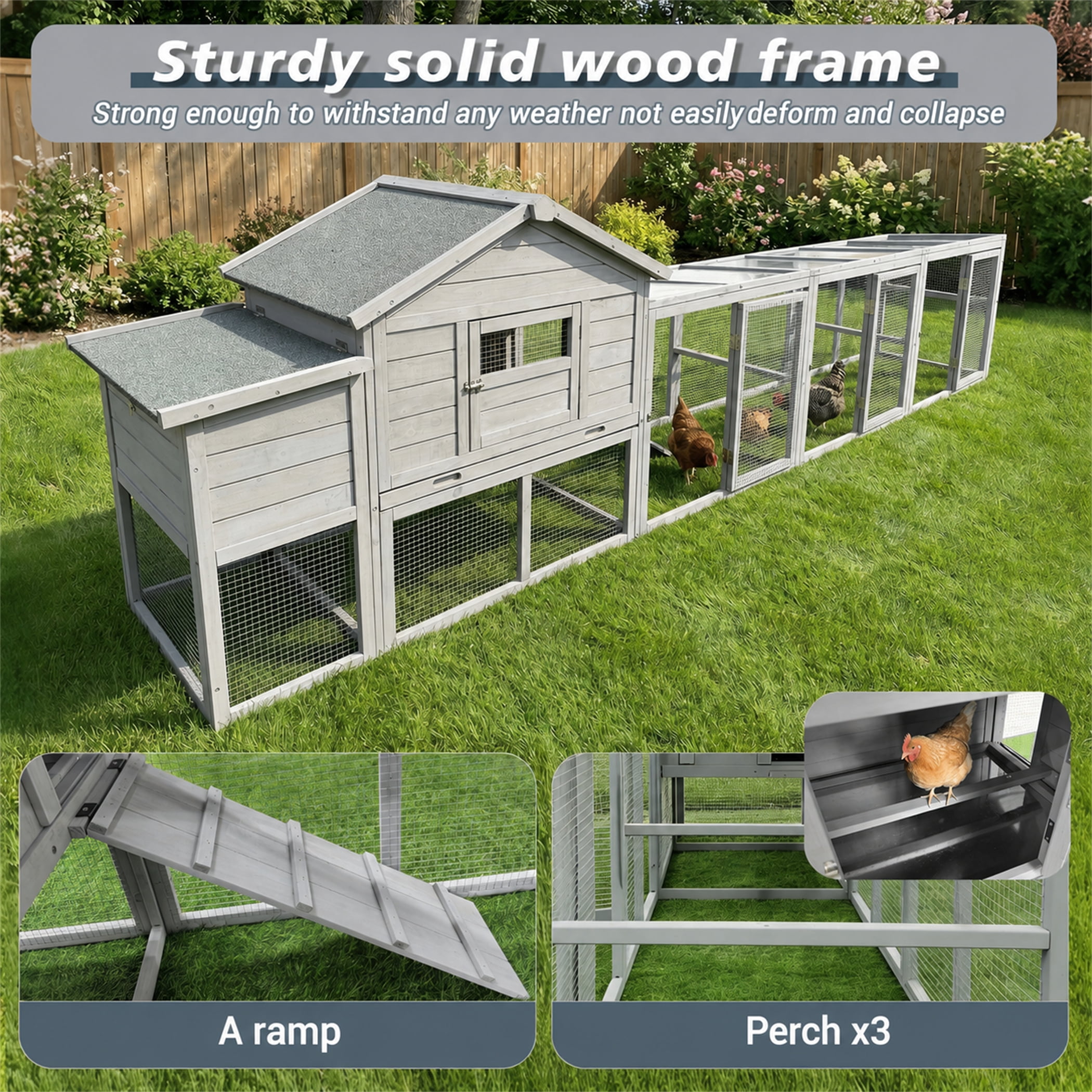 Aukfa 141" Extra Long Chicken Coop Wooden 2 Tier Chicken Run Cage with Nesting Boxes, UV Panel, Free-range Door for Outdoor, Backyard, Gray