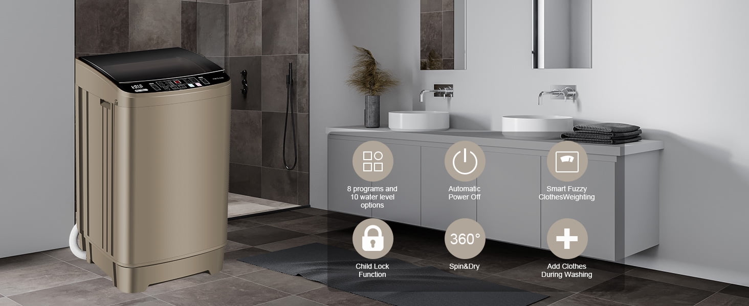 17.7 lbs Full Automatic Washing Machine with LED Display Compact Washing Machine with Drain Dump, 10 Wash Programs and 8 Water Levels Ideal for Dorms, Apartments, Coffee Gold