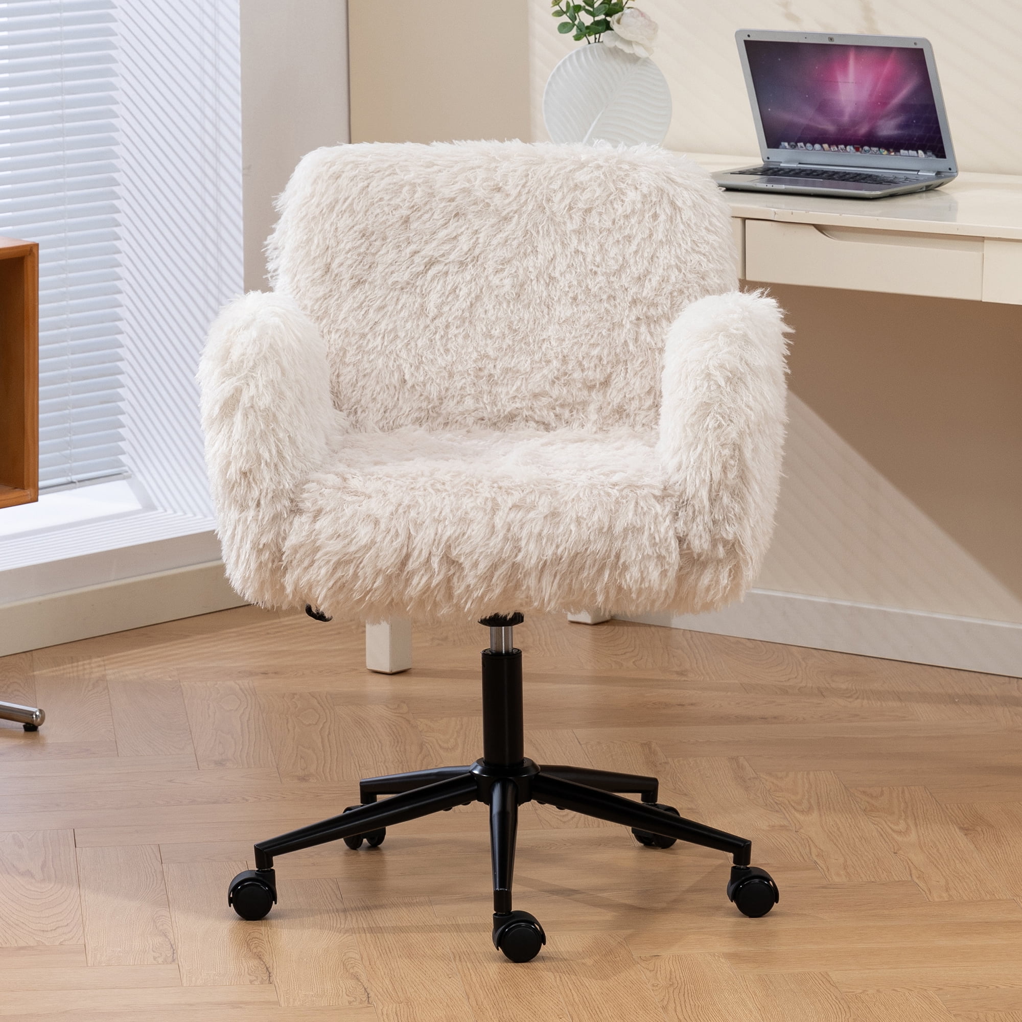 Jopath Criss Cross Chair with 5-Gear Adjustable Armrests and Wheels, Ergonomic Thickened Backrest Swivel Desk Chair for Home Office Vanity Bedroom and Living Room Beige Lamb Wool