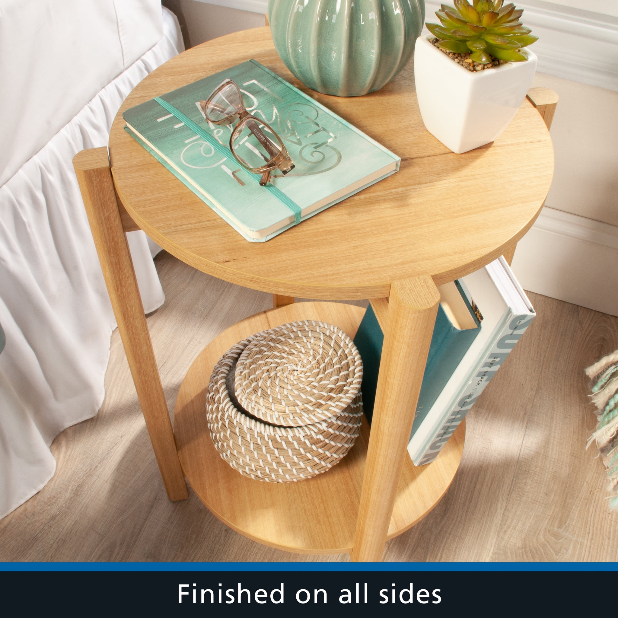 Mainstays Round Modern Dowel End Table, Natural Teak Finish