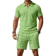 thumbnail image 5 of Havenre Men's Waffle Knit 2 Piece Outfits Summer Casual Half Zipper V Neck Collared T-Shirts and Drawstring Elastic Waist Atheltic Short Pants Set Fashion Tracksuits Green M, 5 of 10
