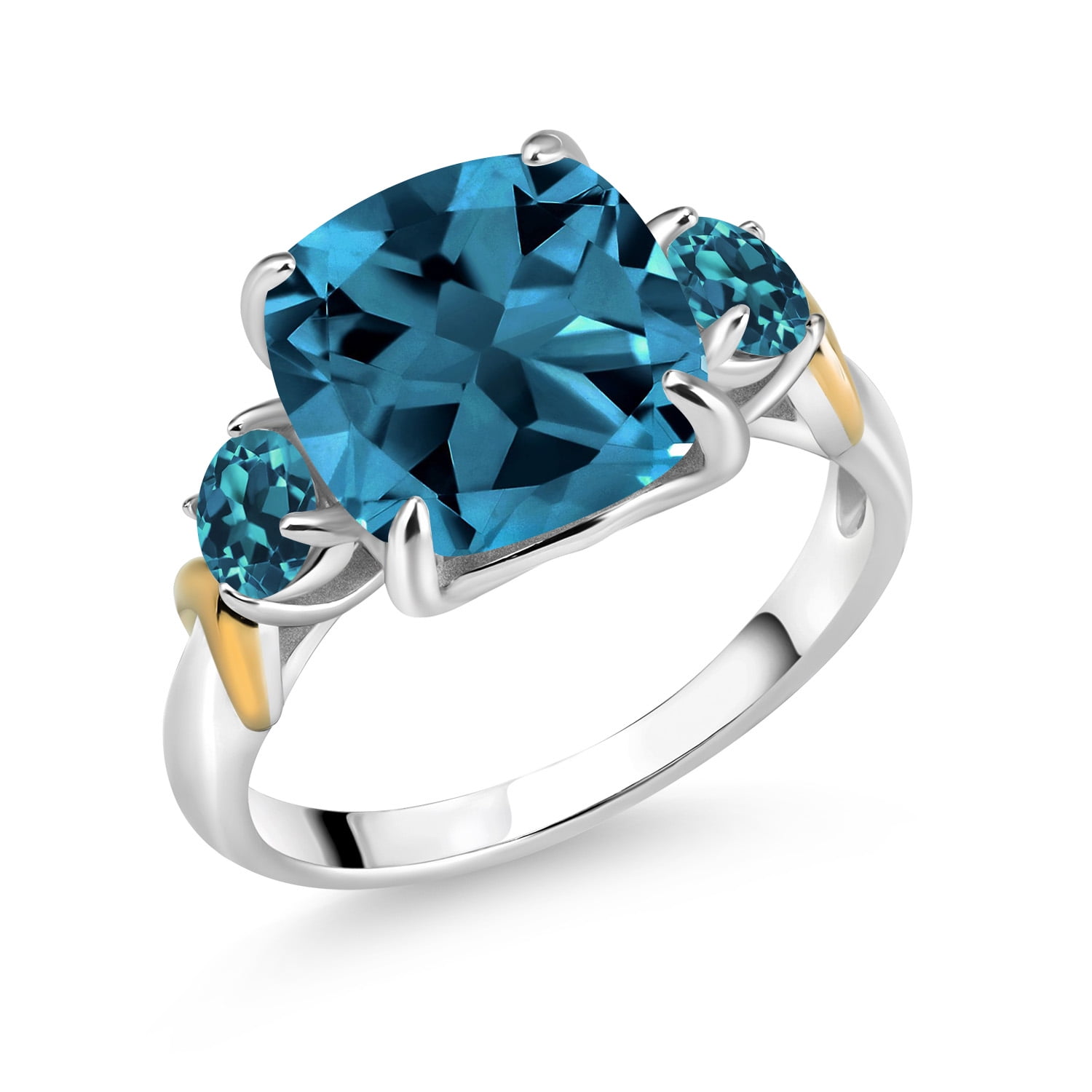 Gem Stone King 5.86 Cttw London Blue Topaz 3-Stone Ring for Women Gemstone November Birthstone | 925 Silver and 10K Yellow Gold | Cushion 10MM | Round 4MM | Size 6
