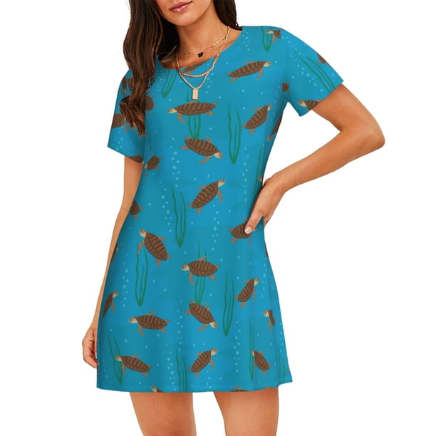 Fotbe Sea Turtle Bata de Dormir para Mujer con Estampado, Camisón de Algodón de Manga Corta, Ropa de Dormir Casual