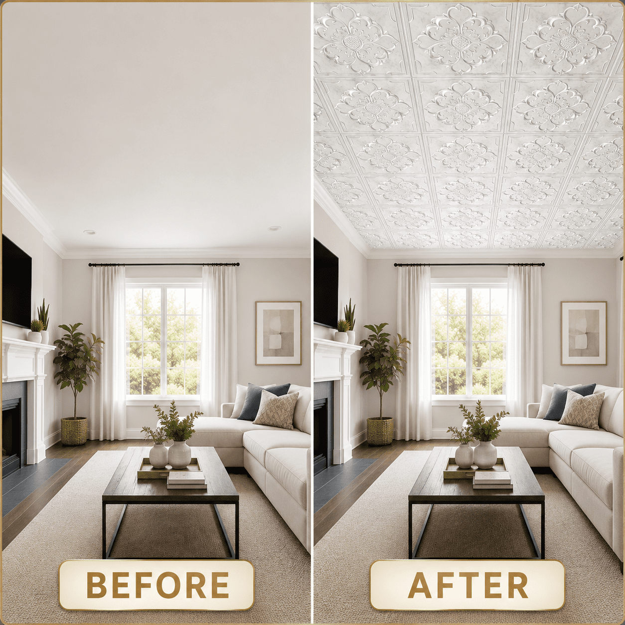 YESLIFE 12-Pack 2' x 2' White PVC Ceiling Tiles, 3D Embossed Waterproof Drop Ceiling Panels, Glue-Up Wall & Ceiling Tiles, 48 Sq. Ft.