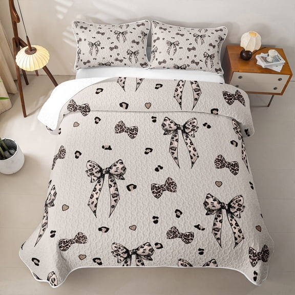 Manfei Cheetah Print Bow Twin Quilt Set For Girl,Chic Leopard Pattern Twin Coverlet Set For Kids,2-Piece