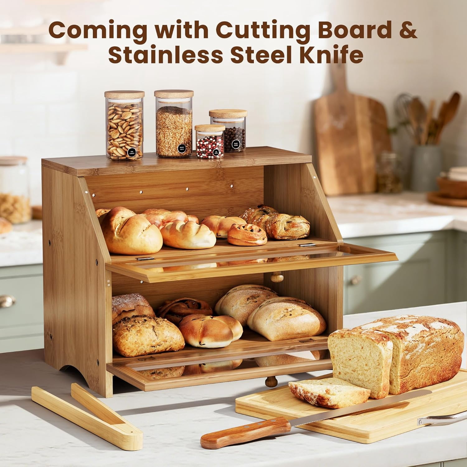 Double Layer Bamboo Bread Box for Kitchen Countertop, Large Capacity, Cutting Board, Stainless Steel Bread Knife, Double Layer Storage Container with Clear Windows, Walnut
