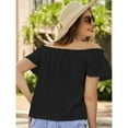 thumbnail image 4 of SWSMCLT Women's Off the Shoulder Blouse Short Sleeve Shirt Cool Top Cute Elasthane Falbala 2025 Frill Holiday Black Large, 4 of 5