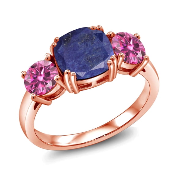 Gem Stone King 18K Rose Gold Plated Silver Blue Lapis and Pink Moissanite 3 Stone Engagement Ring for Women (3.00 Cttw, Gemstone, Cushion 8MM, Size 8)