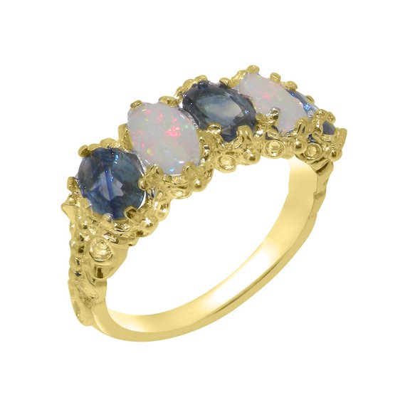 LBG British Made 10k Yellow Gold Natural Sapphire & Opal Womens Eternity Ring - 33 size options - Size 10