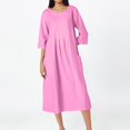 thumbnail image 2 of 4Th Of July Dress, Casual Loose 3/4 Sleeve Cotton Linen Solid Color Round Neck Beach Dresses With Pockets Royal Blue Dresses For Women Poppyseed Dressing Dresses (L, Pink) ZMTing, 2 of 5