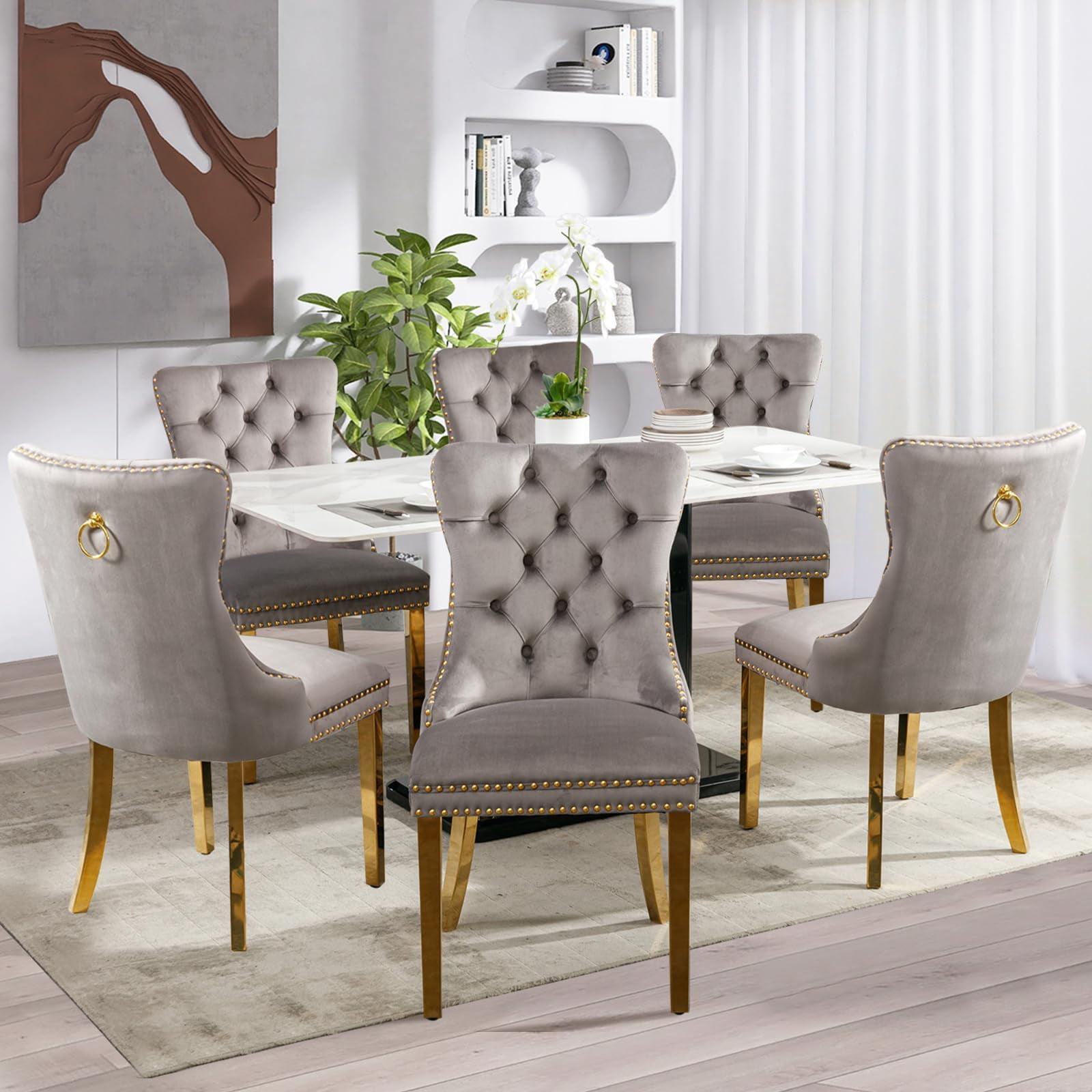 JESTOP Velvet Dining Chair Set of 8, Upholstered Tufted Dining Room Chair with Nailhead Trim and Solid Gold Plated Leg for Kitchen(Grey)