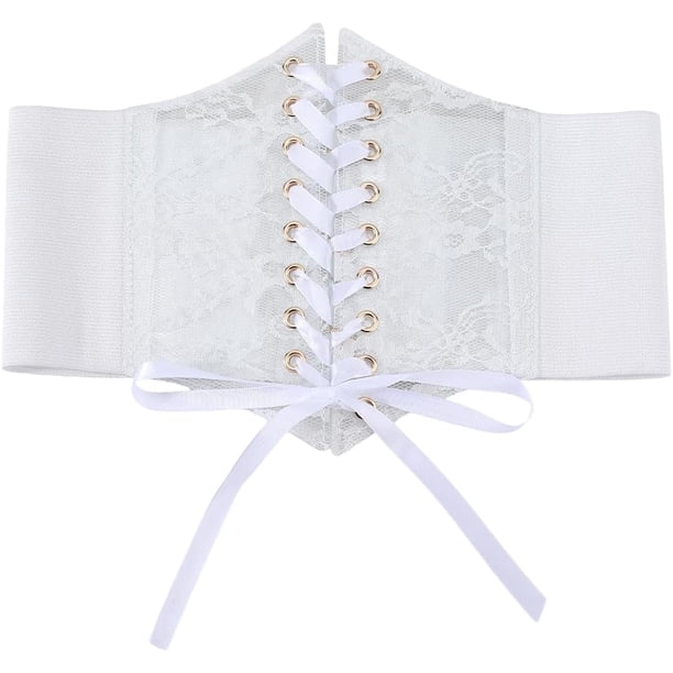 Cinturón de cuero con cordones estilo corsé blanco estilo bohemio vintage con lazo, elástico, ancho y moderno, a granel