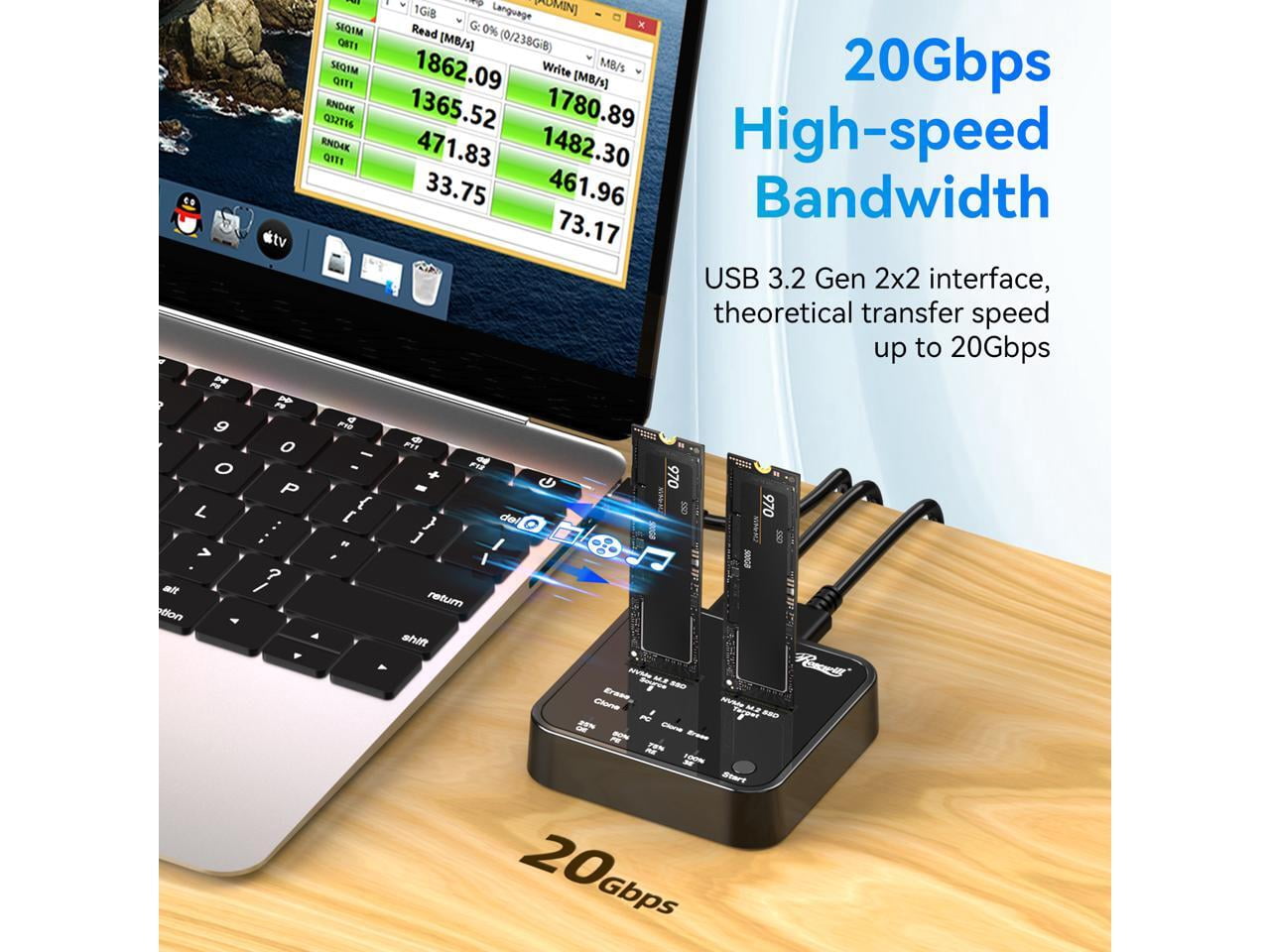 Rosewill RS-N2-CLE USB3.2 Gen2x2 Type-C M.2 NVMe Drive Duplicator, SSD Cloner/Copier/Eraser, Tool-Free, USB-C 3.2 20Gbps,  Supports Offline Clone & Erase