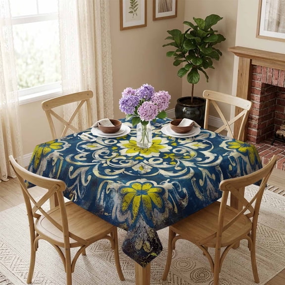 Abstract Geometric Floral Square Tablecloth 60x60 Inch Yellow Flowers Waterproof Polyester Tablecloth for Dining Table, Washable Table Cover for Kitchen Dining Room Wedding Decoration,Stain Resistant
