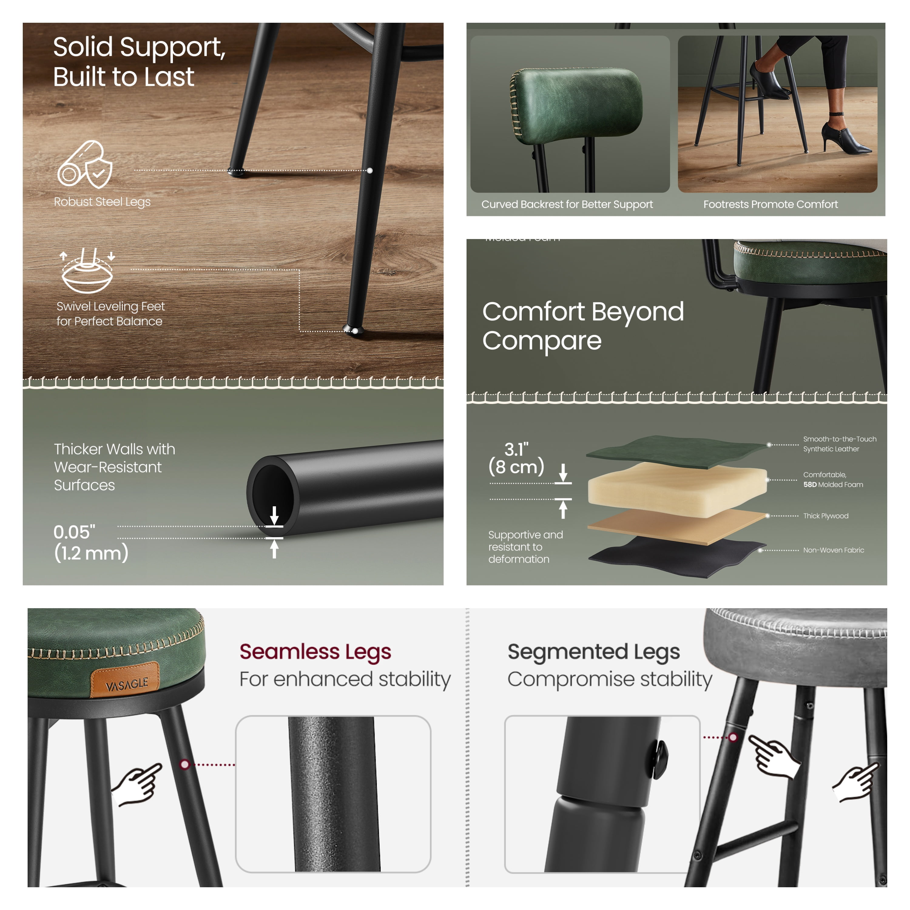 LEDREM 2-Pack Award-Winning Bar Stools - 360° Swivel, 3.1" Plush Seat, Mid-Century Design, Scratch-Resistant, Forest Green