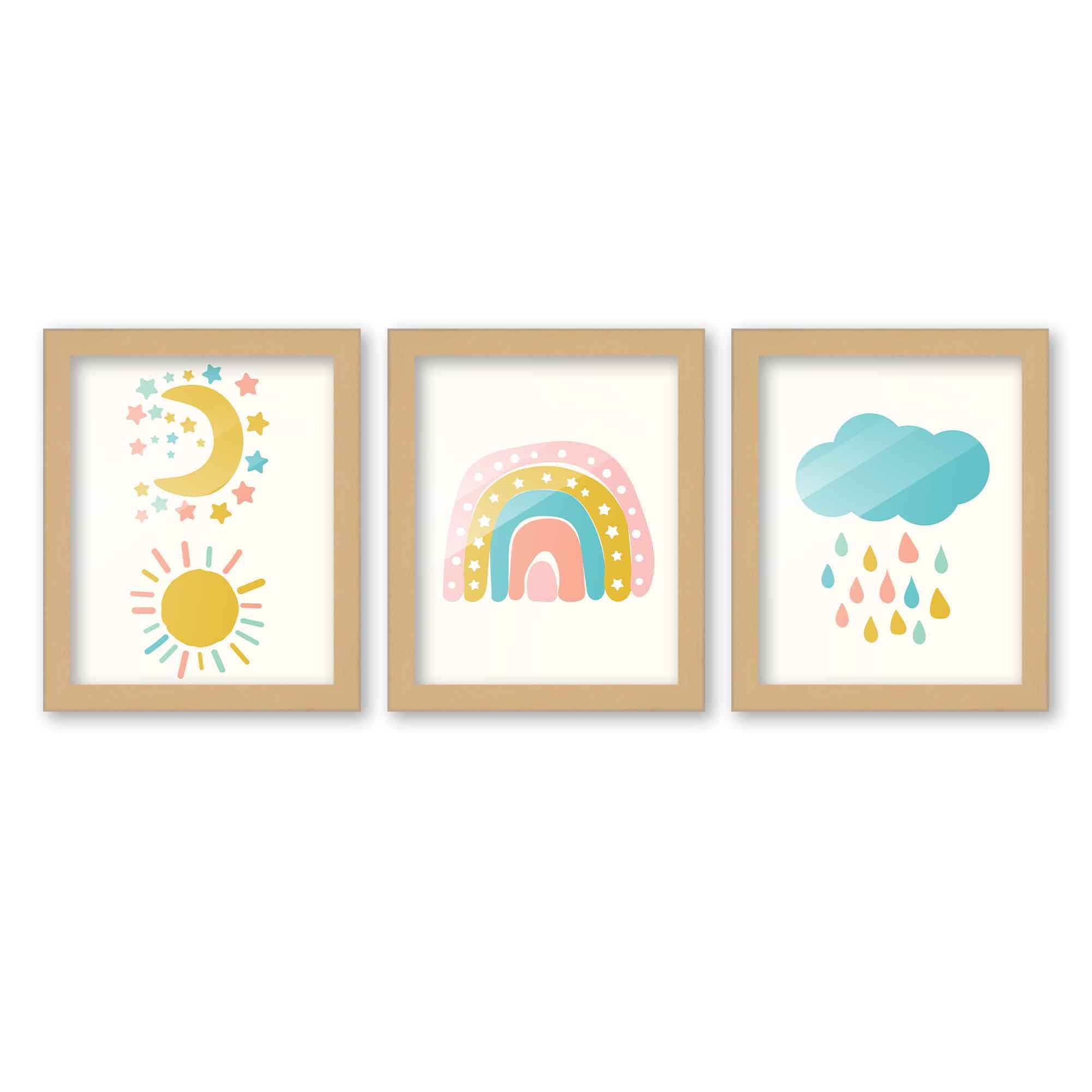 8x10 Framed Nursery Wall Art Set of 3 Hand Drawn Boho Rainbow Prints in
