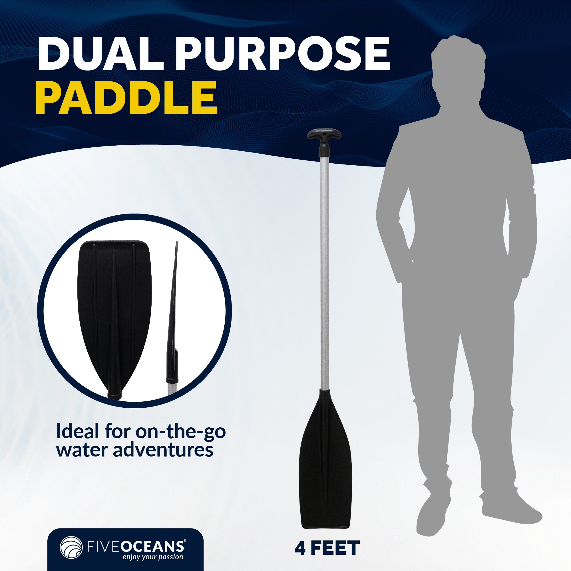 Five Oceans 4-Feet Canoe Paddle - Boat Paddle, T-Handle Oar Paddle for Canoe, Kayak and Small Boats - Corrosion-Resistant Floating Boat Paddles Marine-Grade Aluminum and Heavy-Duty Plastic - FO4722