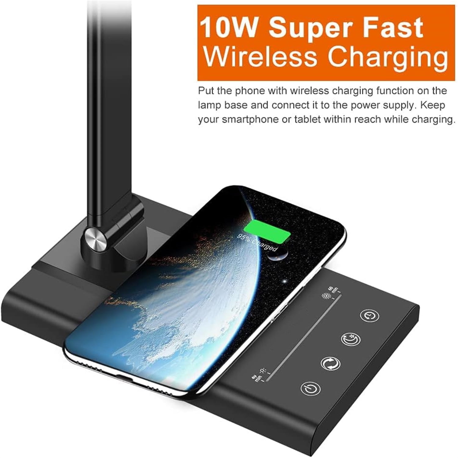 Multifunctional LED Desk Lamp with 10W Fast Wireless Charger, USB Charging Port,1800Lux Super Bright,5 Lighting Mode,7 Brightness, Touch Control, Auto Timer, 15W Office Table Lamp